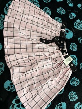 Hot Topic Pink Plaid Skater Skirt with Black Grommet Belt